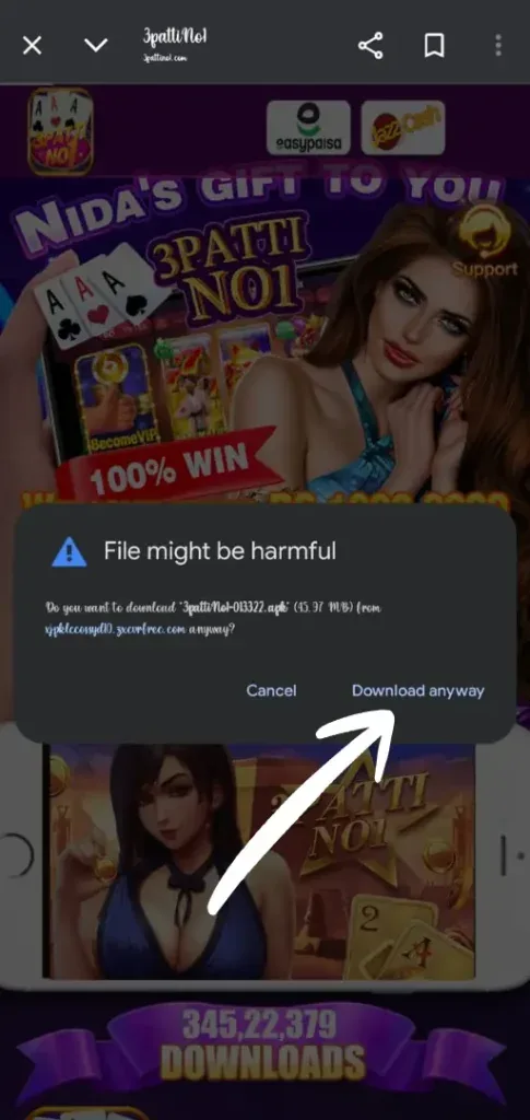 Downloading the 3 Patti No1 APK file on Android — tap Download anyway